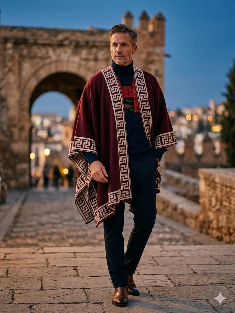 Burgundy Geometric Trim Poncho
